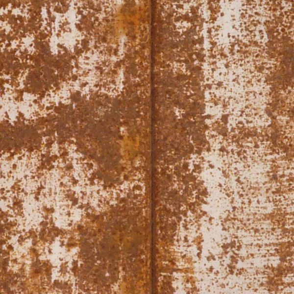 Seamless rust texture, formed in a light, irregular layer over two panels of white painted metal.